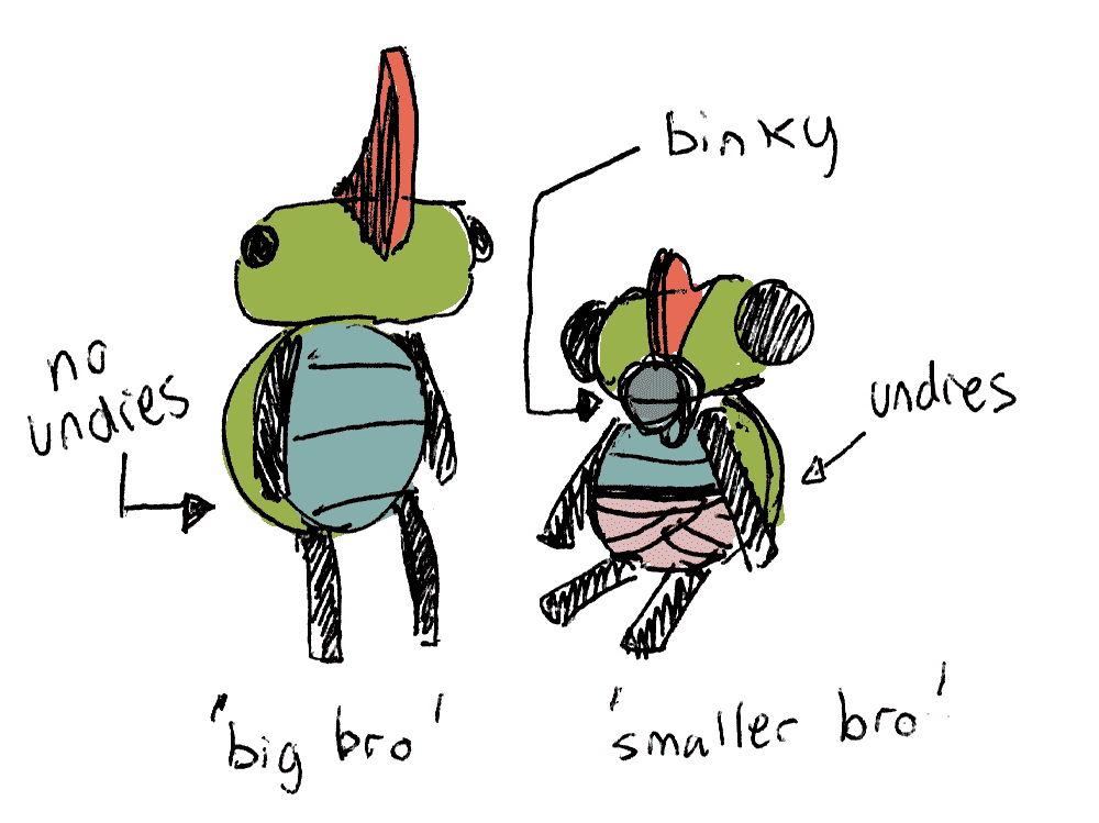 doodle concept art of the main character and its little brother